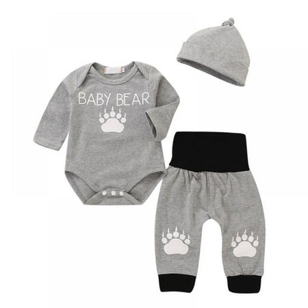

3PCS/Set Newborn Baby Infant Romper+Trousers Baby Bear Print Cotton Bodysuit Long Pants Hat Outfits Clothes Set 0-18M