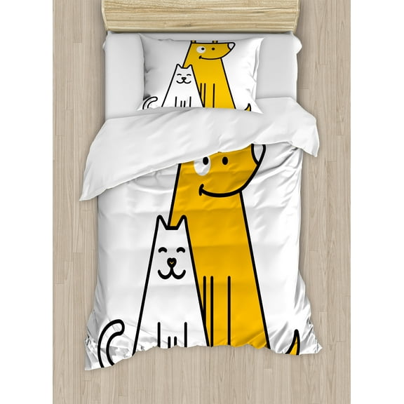 Ambesonne Cartoon Duvet Cover Set, Cats and Dogs Friends, Twin, Black White and Apricot