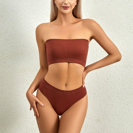 TUWABEII Women s No-steel Ring Gathering No-marking Breathable Tube Top Underwear Briefs Suit Wireless Lift T-Shirt Bra