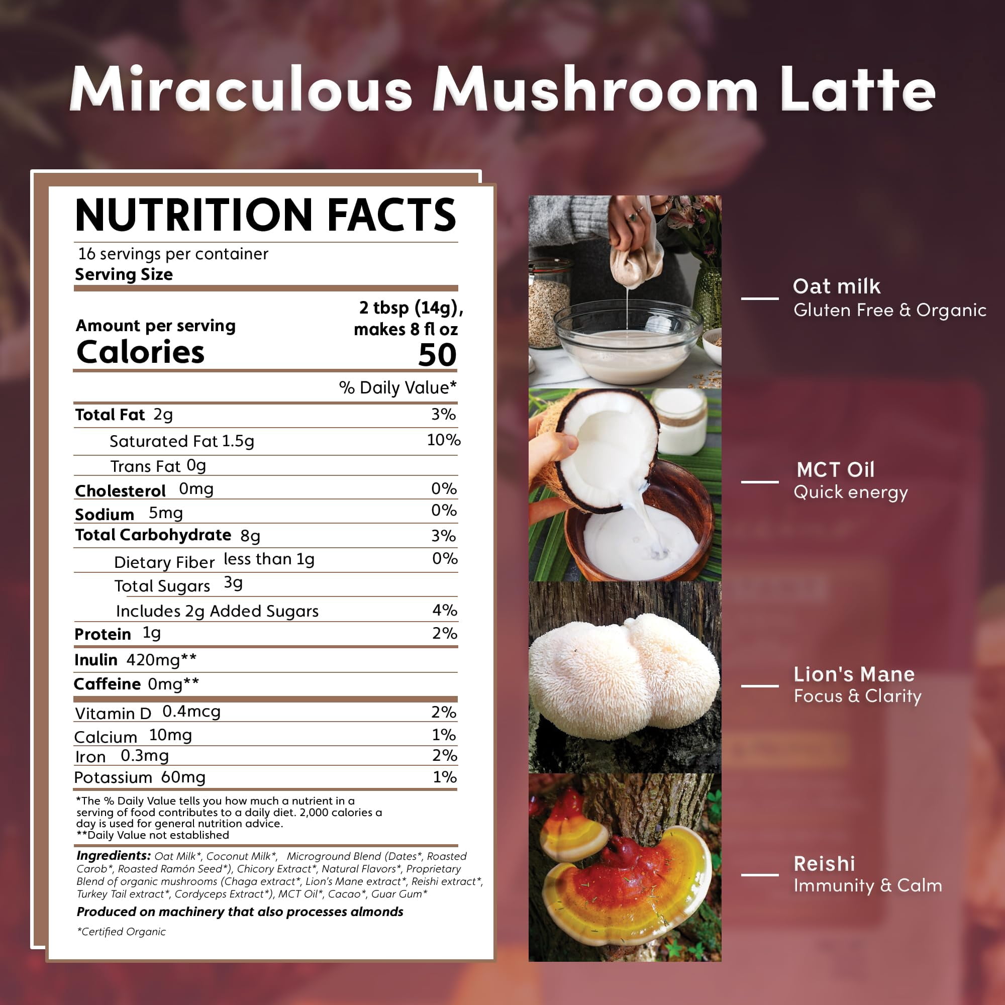 Miraculous Mushrooms Instant Adapt & Protect Herbal Latte By Teeccino – 16 servings -  Creamy Oat & Coconut Latte with Microground Herbs – 7.9Oz