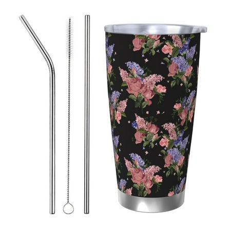 

Zeuib Bouquet Printed 20oz Stainless Steel Insulated Car Cup Stainless Steel Thermal Cup Vacuum Insulated Leak-proof Travel Mug Cup-Straw Three-piece Set