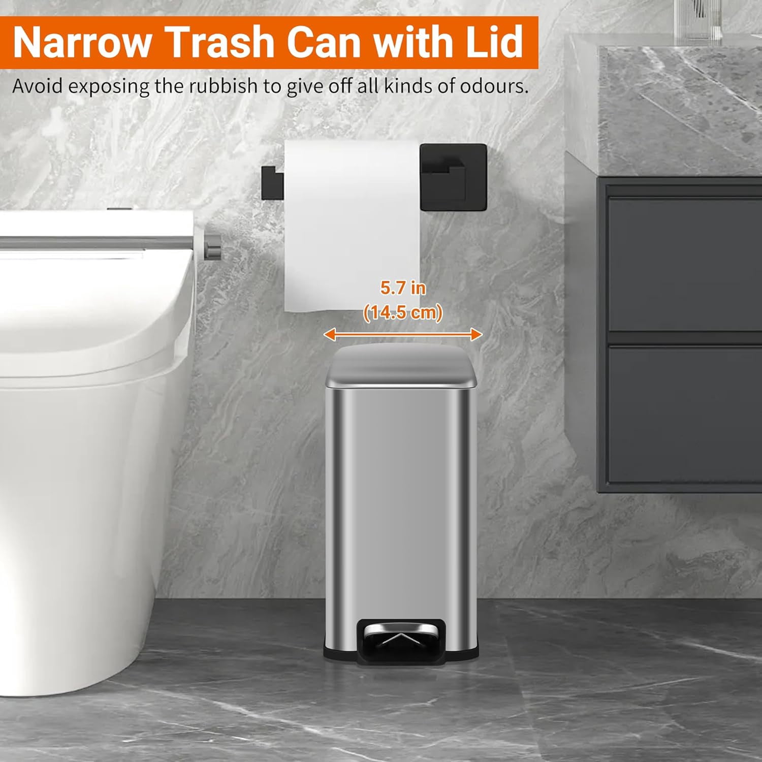 BIQWBIC 5L/1.3 Gallon Stainless Steel Trash Can with Lid – Foot-Operated Portable Garbage Bin with Removable Bucket for Bathroom, Office, Bedroom (1 Pack, Silver)