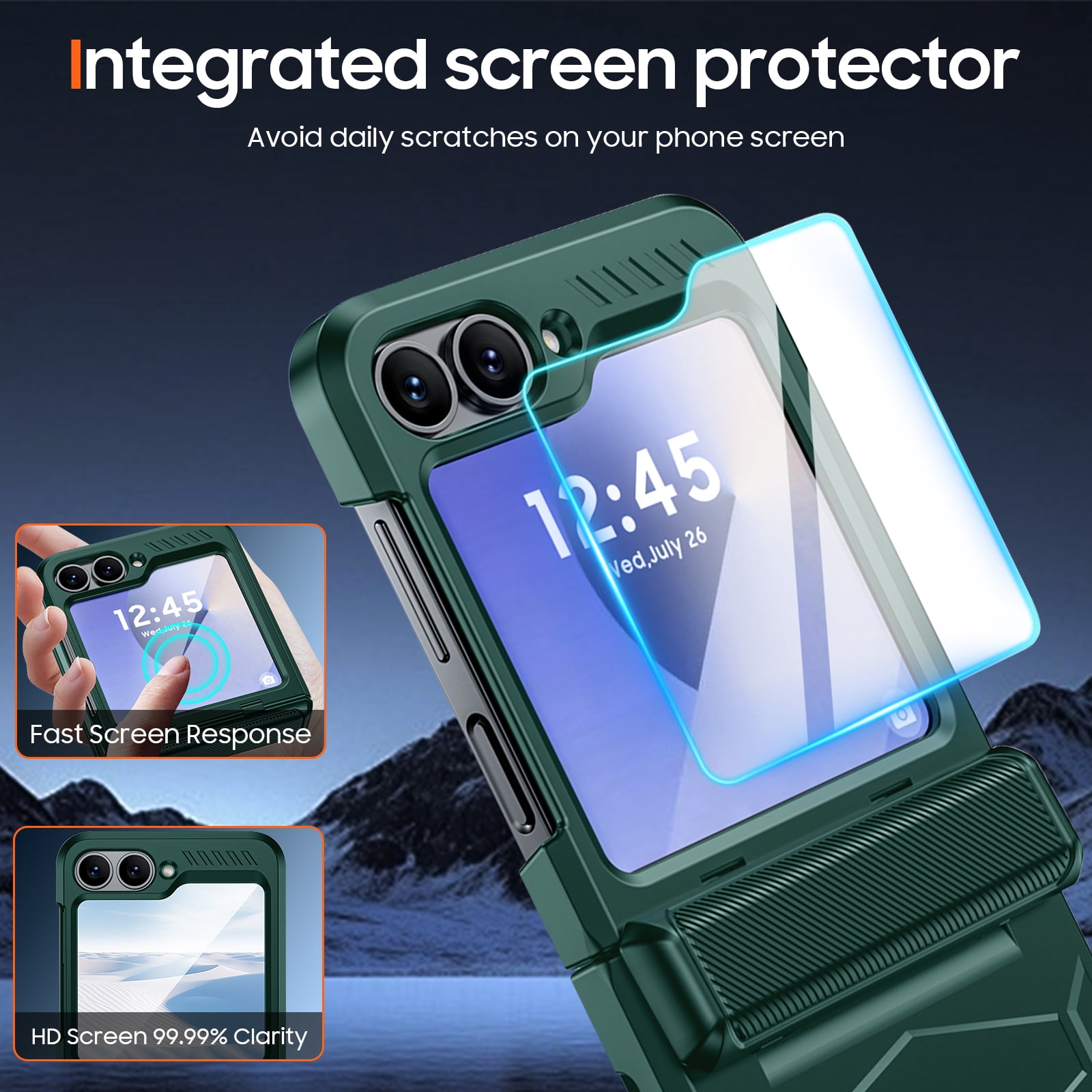 Oupeigar for Samsung Galaxy Z Flip 6/7 FE Phone Case,with Screen Protector,Wireless Charging,All-Inclusive Rugged Shockproof Phone Case-Green