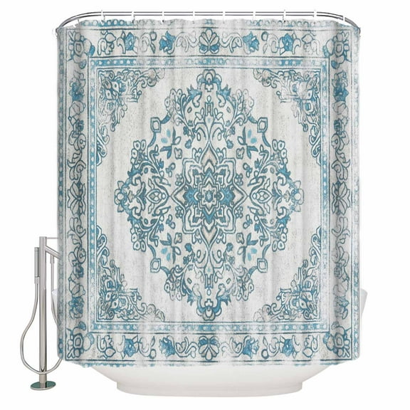 Fabric Shower Curtain, Vintage Abstract Ethnic Style N Flowers Blue Shower Curtains with 12 Hooks Waterproof Machine Washable Bath Curtains for Bathroom, 54 x 78in