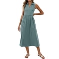 thumbnail image 4 of Aqestyerly Robe Longue Drapée à Col en V pour Femmes Couleur Unie Sans Manches Col à Revers Robe Longue Respirante Mélange Coton Lin pour l'Été, 4 of 9