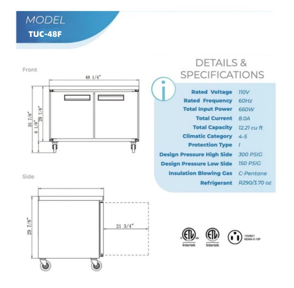 48 inch 13 cu.ft, 36 1/4" heigh Commercial Undercounter  refrigerator, 2 Solid Doors, stainless steel exterior, NSF certified.