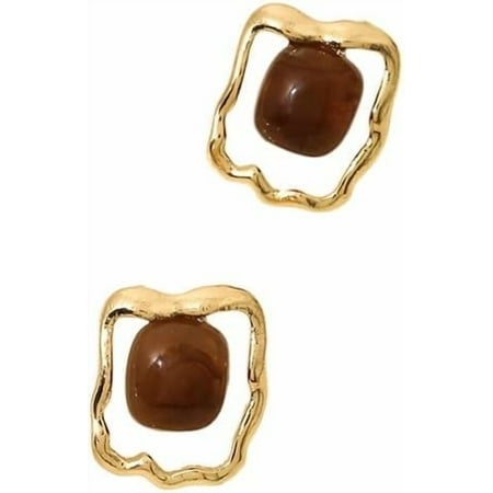 Gold Irregular Frame Brown Gem Stud Earrings for Women, Vintage Textured Statement Earrings, Elegant Daily Wear & Gift Jewelry[w790]
