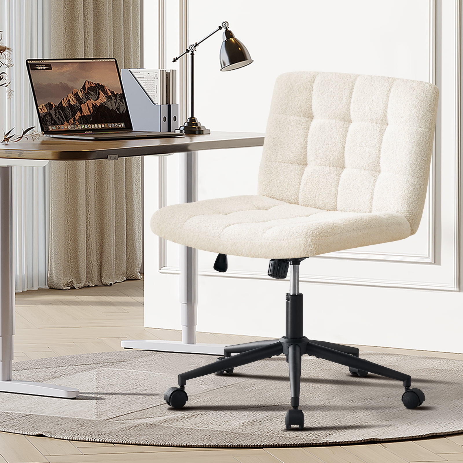 Modern Armless Home Office Chair Wide Desk Chair with Wheels for Home Office, Bedroom, Ivory white
