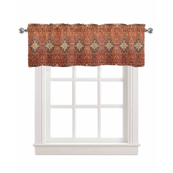 Brown Red Linen Curtain Valance for Bedroom/Bathroom/Kitchen/Office/Living/Dining Room Window,Vintage Boho Ethnic Geometric Abstract Art Rod Pocket Topper Decorative Cafe Drapes Panel 42"x12"