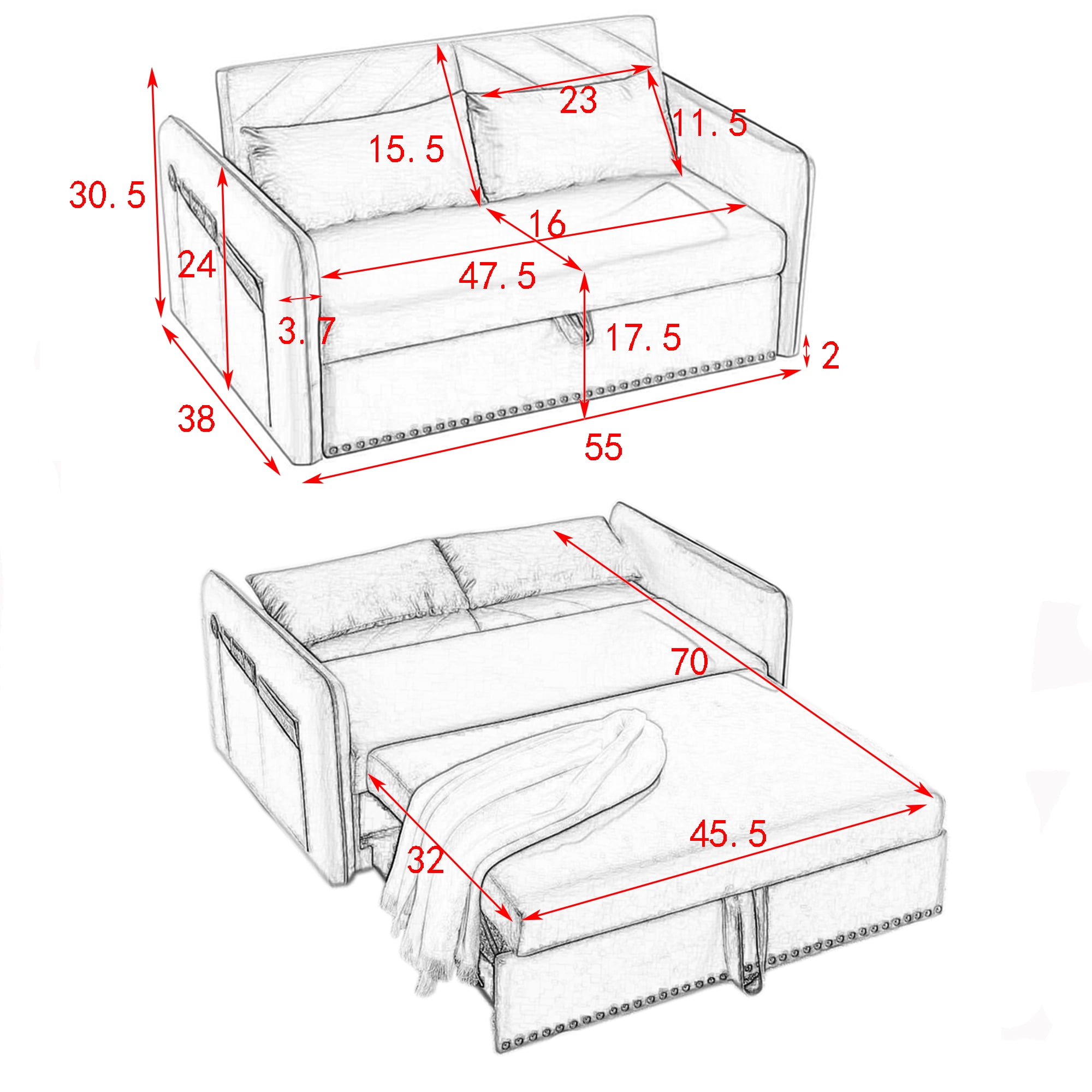 MAYEERTY Sleeper Sofa Bed with USB, 3-in-1 Adjustable Pull-Out Bed & Side Pocket (Velvet)