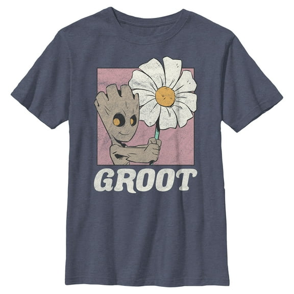 Boy's Guardians of the Galaxy Groot and Flower Portrait Graphic Tee Navy Blue Heather Small