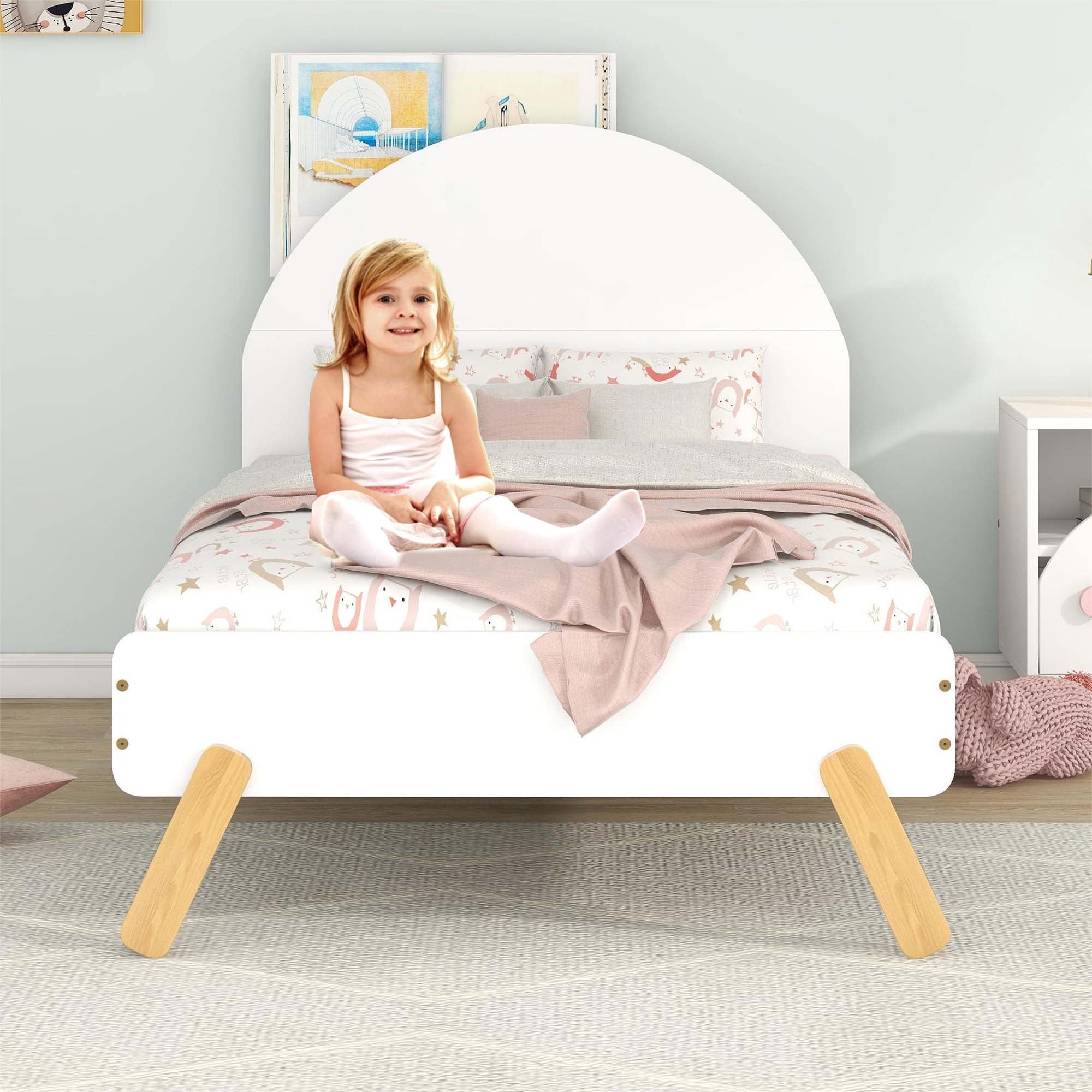 Aukfa Platform Bed for Kids, Twin Bed Frame with Semi-circular Headboard, Wooden - White