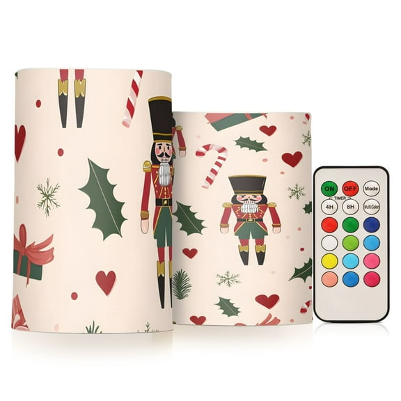 Christmas Nutcracker Leave Heart Snowflake Flickering Flameless Candles Battery Operated with Remote Timer LED Pillar Candles Set of 2