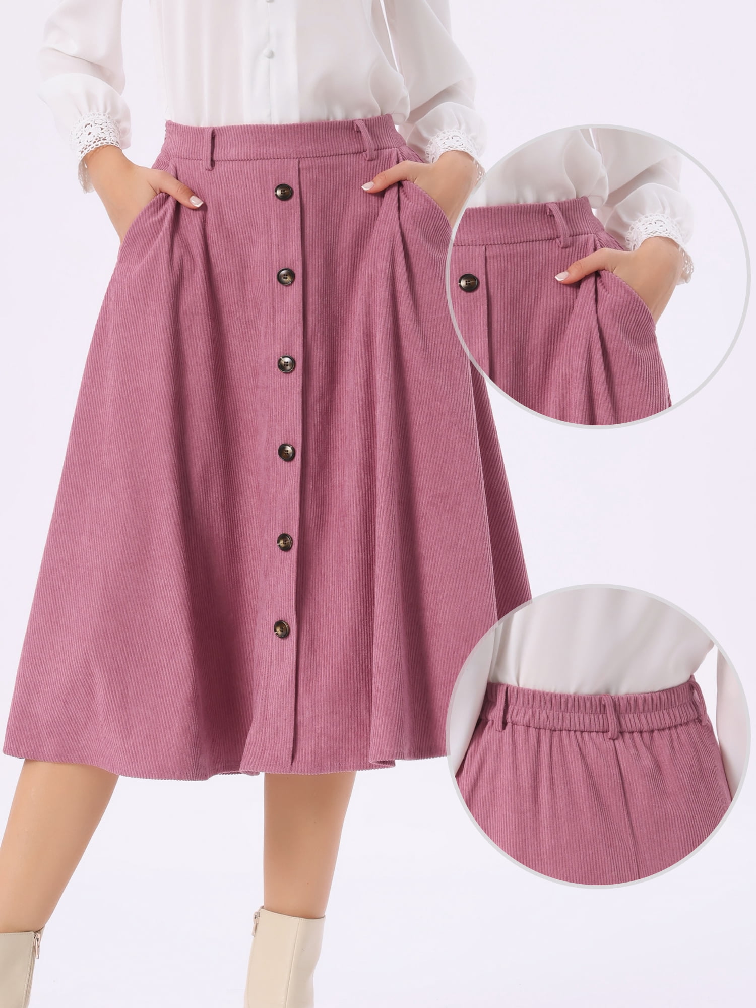 DARING DIVA Women's High Waist A Line Midi Skirts with Pockets Large Pink