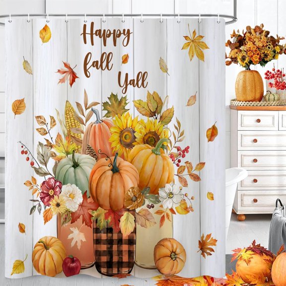 Happy Fall Yall Shower Curtain Fall Pumpkin Sunflower Bathroom Decor Farmhouse Rustic Wood Grain Fabric Shower Curtain with Hooks 71x71 Inches