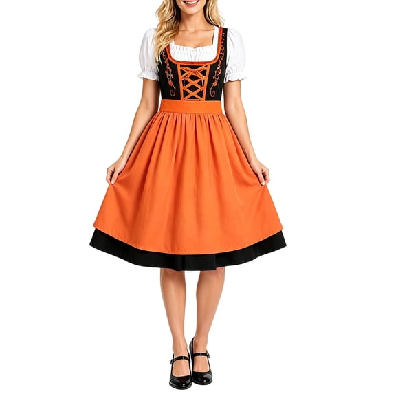 QIYAGBSA Oktoberfest Dresses for Women Dirndl Floral Embroidery Lace Up Soft Midi Short Sleeve Fall Festival Halloween Party Weekend Night Events