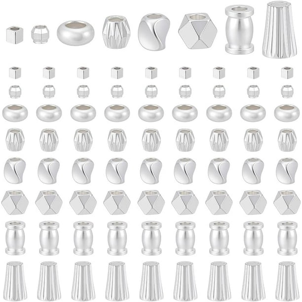 80 piezas de cuentas de plata de ley 925 chapadas en 8 estilos, con separadores de latón de 2 a 7 mm. Cuentas sueltas redondas, cúbicas o facetadas para manualidades.