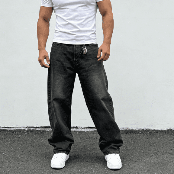 2026 New Men's Dark Blue 100% Cotton Oversized Wide-Leg Jeans: Durable Vintage Denim | Standard Sizing (30-40)