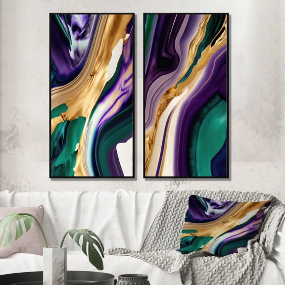 Designart "Bold Strokes in Purple, Green, and Gold I" Abstract Framed Wall Art Set Of 2 - Purple Abstract Framed Wall Art Set Of 2