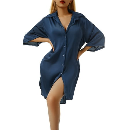 

TheFound Womens Nightgown Sleepshirt Satin 3/4 Long Sleeve Button Down Pajama Tops Boyfriend Style Sleep Shirt Dress