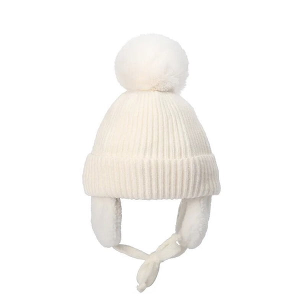 Gorro de punto con orejeras para bebé, de Color sólido Gorro con pompón, gorros gruesos y cálidos de felpa para protección de los oídos para niño y niña, Invierno