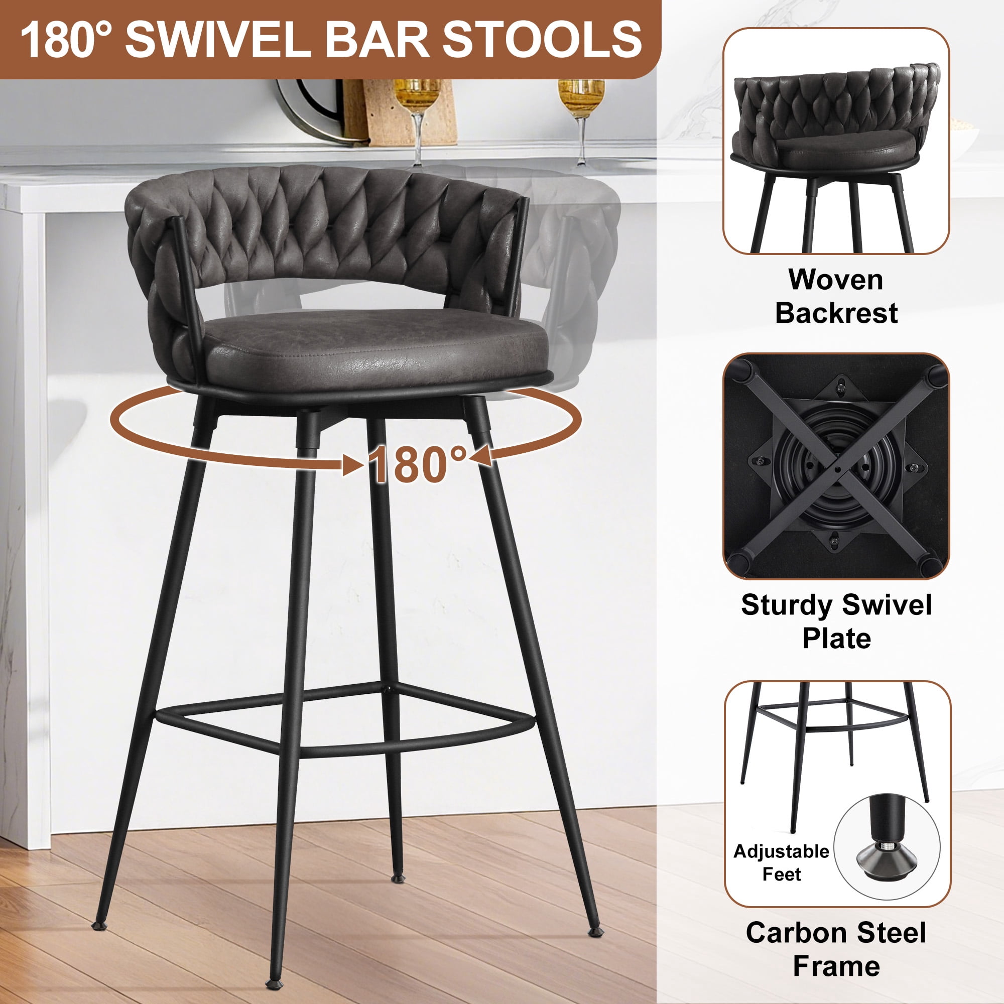 MYFUNT Bar Stools Set of 2, 26" Counter Height Stools, 180° Swivel Woven Back Barstools with Metal Footrest, Modern Bar Stools for Kitchen Island, Cafe, Pub, Blackgray