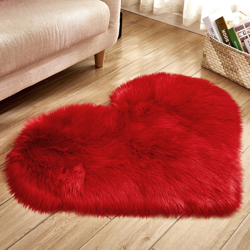 Fluff Heart Shape Chenille Small Carpet Non-slip Door Ground Mat  red 
