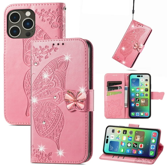 Allytech Compatible with Apple iPhone 15 Pro Case Embossed Diamond Butterfly Glitter Bling Case with Card Holder Stand Flip Wallet Shockproof Phone Cover for iPhone 15 Pro 5G 6.1" Crystal Pink
