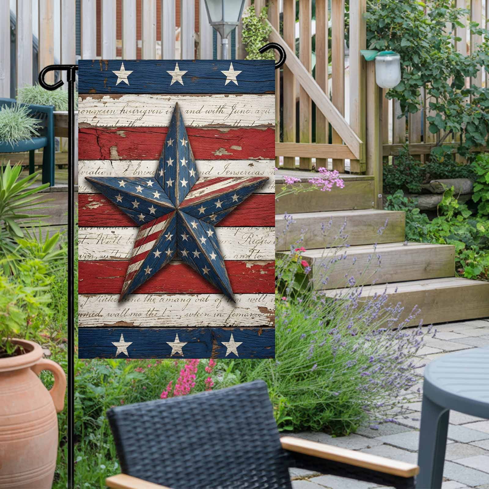 4th of July Garden Flags Patriotic Star Stripes Garden Flag Double Sided Welcome Flag Retro Wood Grain Independence Day Yard Flags for Outdoor Lawn Porch Memorial Day Holiday Decor 28x40 Inch
