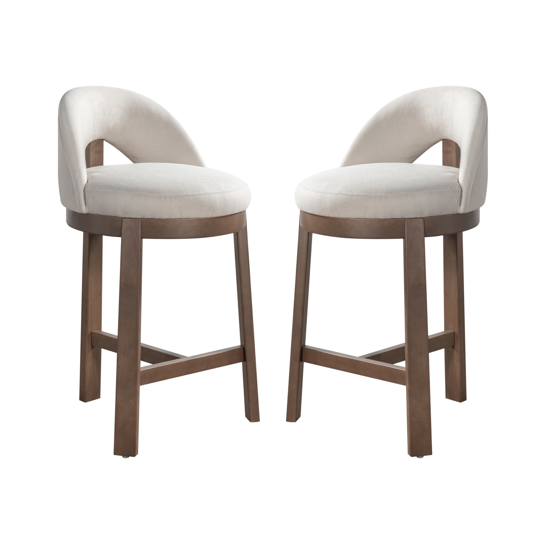 Christopher Knight Home Modern Upholstered Counter Stools with Curved Back, Wood Frame, Walnut+Beige, Set of 2