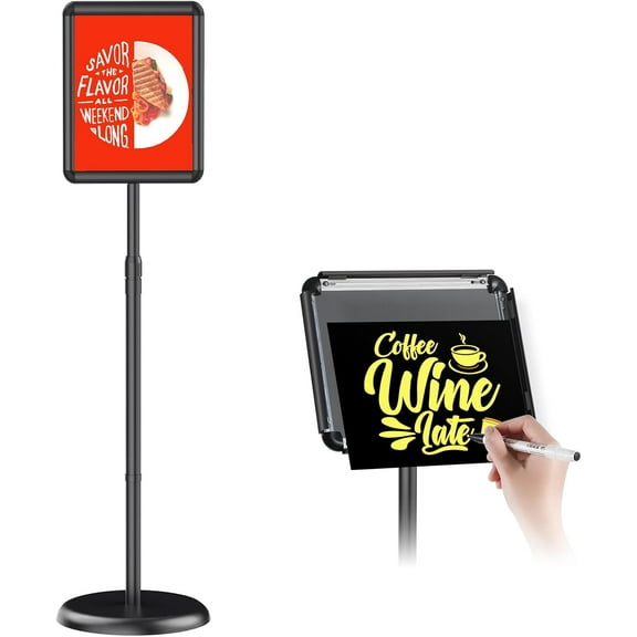 Adjustable Pedestal Floor Stand Sign Holder for 8.5*11 inches Poster or chalk board, Snap open frame,360° Rotation,Outdoor Indoor Standing Display Sign Holders for advertising ,Black