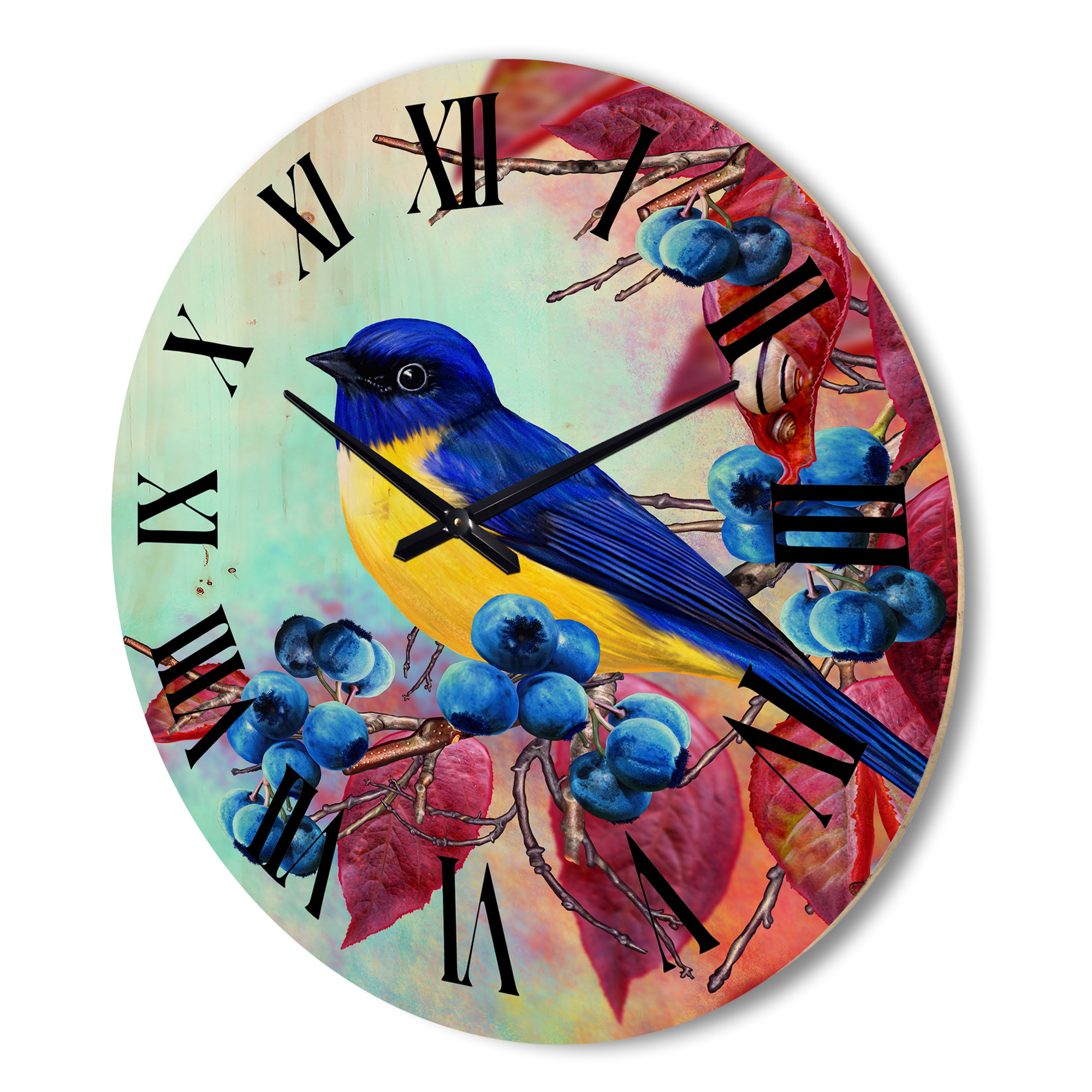 Designart 'Bright Bird Bullfinch Sitting On A Branch of Berries I' Traditional Wood Wall Clock