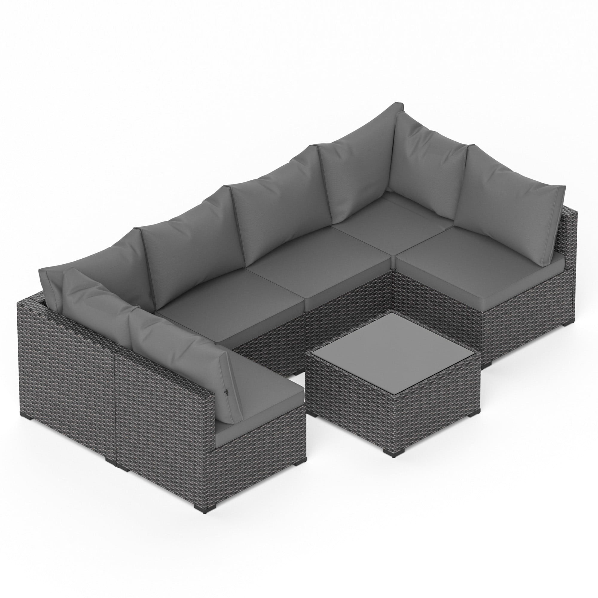 7 Piece Outdoor Patio Furniture Set Black PE Rattan Wicker Sofa Set With Table,Grey