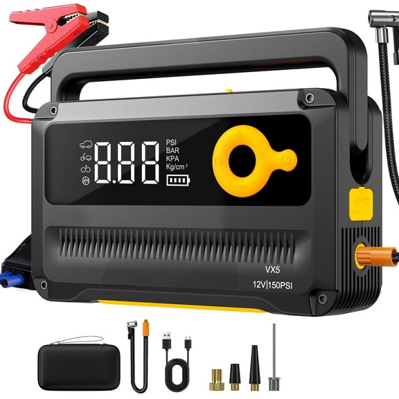 6000A Jump Starter with Air Compressor,Car Battery Jump Starter (for All Gas or up to 12L Diesel),12V Jump Pack with 150PSI Digital Tire Inflator,Built-in LED Bright