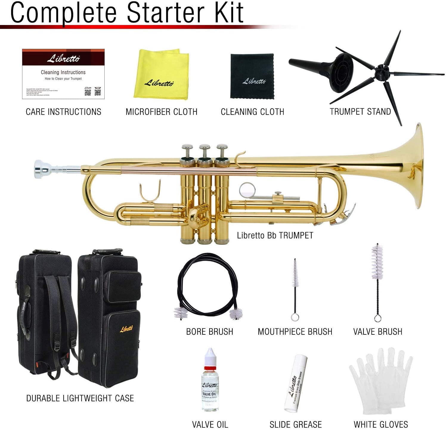 Libretto Gold Lacquer Bb Trumpet Set, Rose Brass Leadpipe, for Beginner and Intermediate, Trumpet Cleaning Kit Included