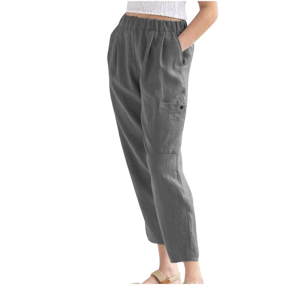 FNFYFH Liquidation Pantalon en Coton et Lin pour Femmes, Taille Élastique, avec Poches, Décontracté, Confortable, Uni, Noir