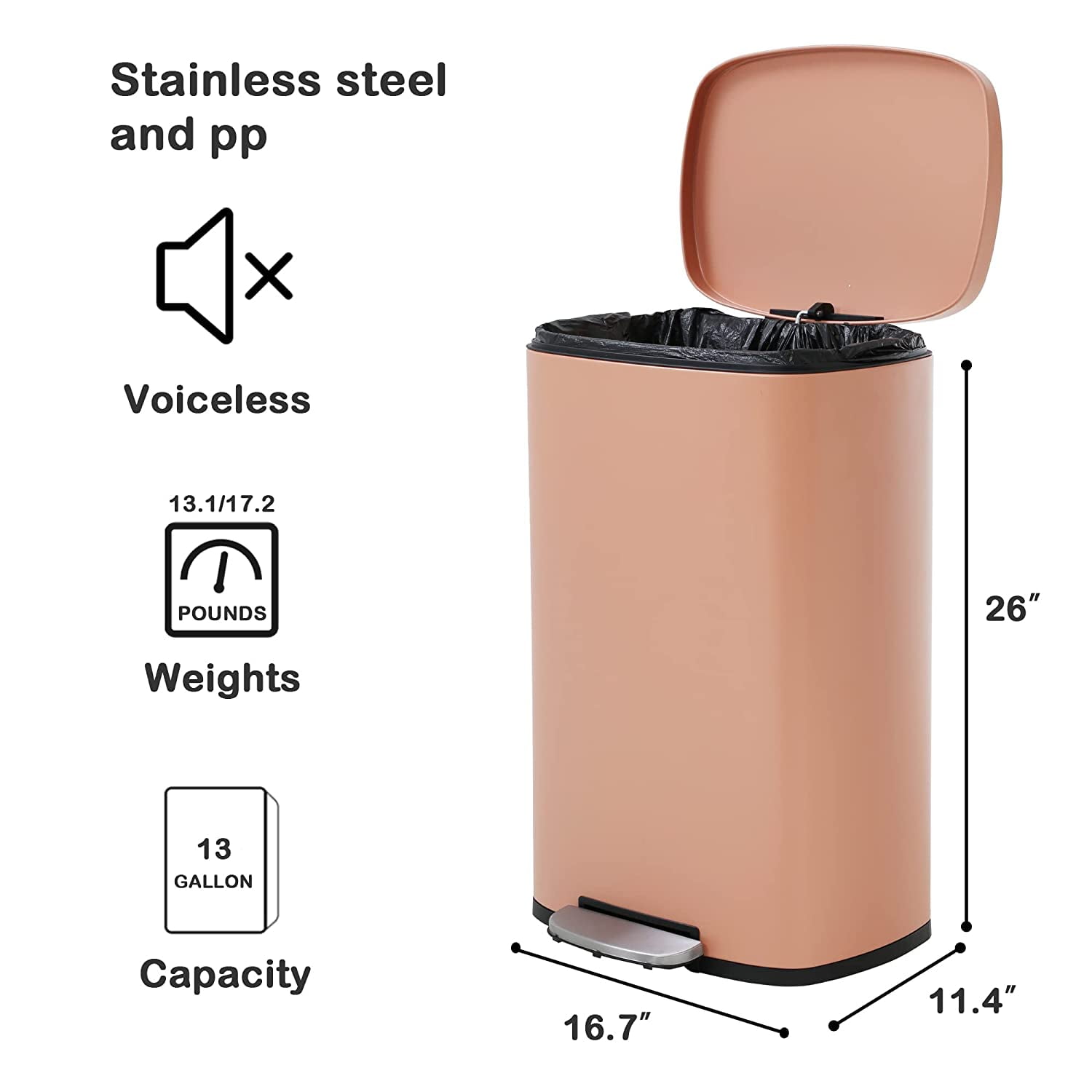 13.2 Gallon(50L) Trash Can, Fingerprint Proof Stainless Steel Kitchen  Garbage Can with Removable Inner Bucket and Hinged Lids, Pedal Rubbish Bin  for