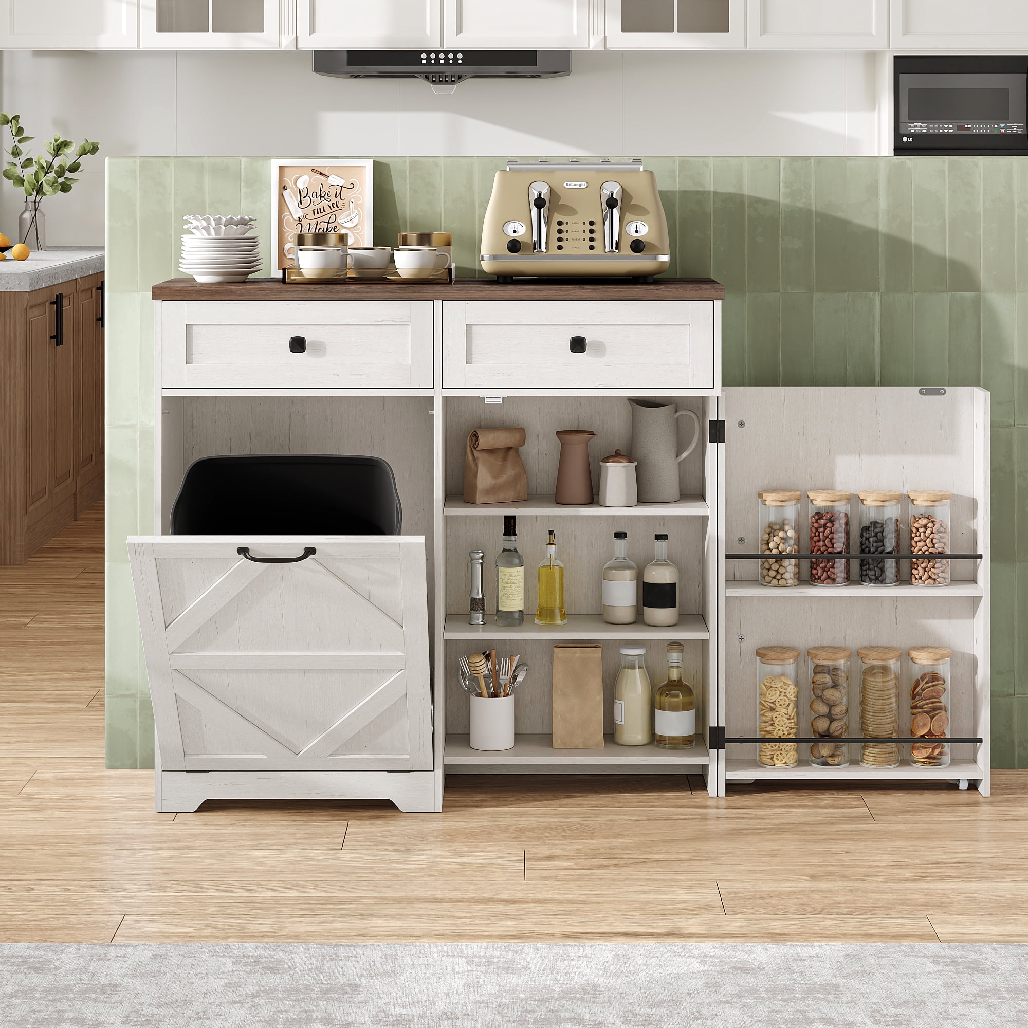 VEANERWOOD Tilt Out Trash Cabinet for 13 Gallon Garbage Can, Kitchen Storage Cabinet with Remove Odor, 2 Drawer and Spice Rack, White