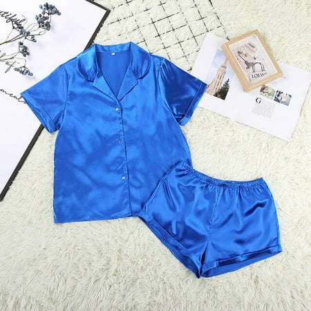 

DanceeMangoo Solid Satin Sleepwear Silk Pajamas Set Top And Shorts Two Piece Set Pyjamas Women Pajama Short Sleeve Home Suit Casual
