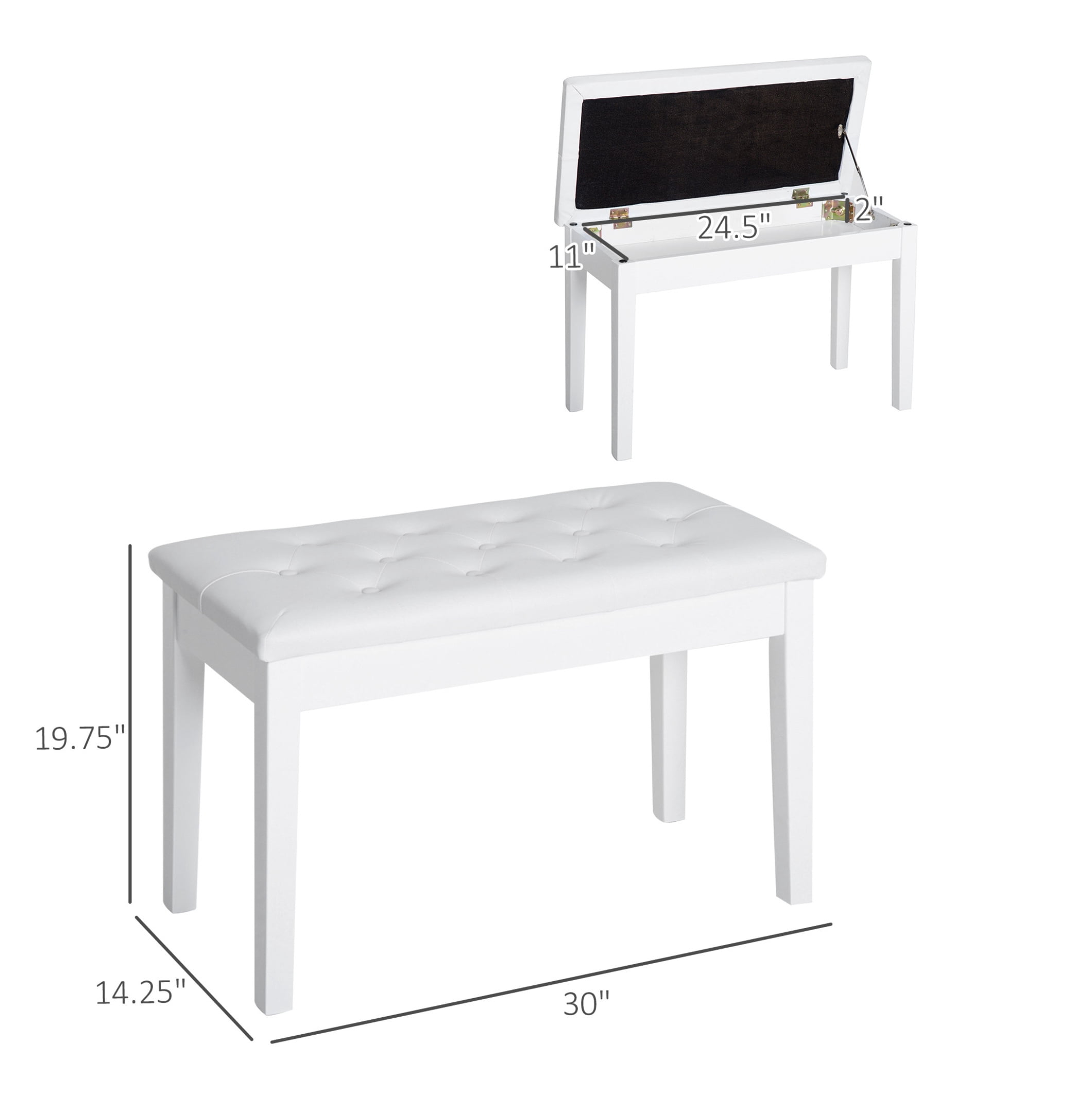 Duet Piano Bench with Faux Leather, White - Adjustable Piano Seat for 2 Pianists, Kids Lessons, Traditional Style