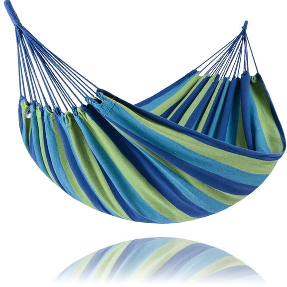 Hammocks Portable Camping Hammock Upgraded Comfortable Fabric Hammock with Two Anti Roll Balance Beam and Sturdy Tree Straps for Camping, Patio, （Blue Green，260*80cm）