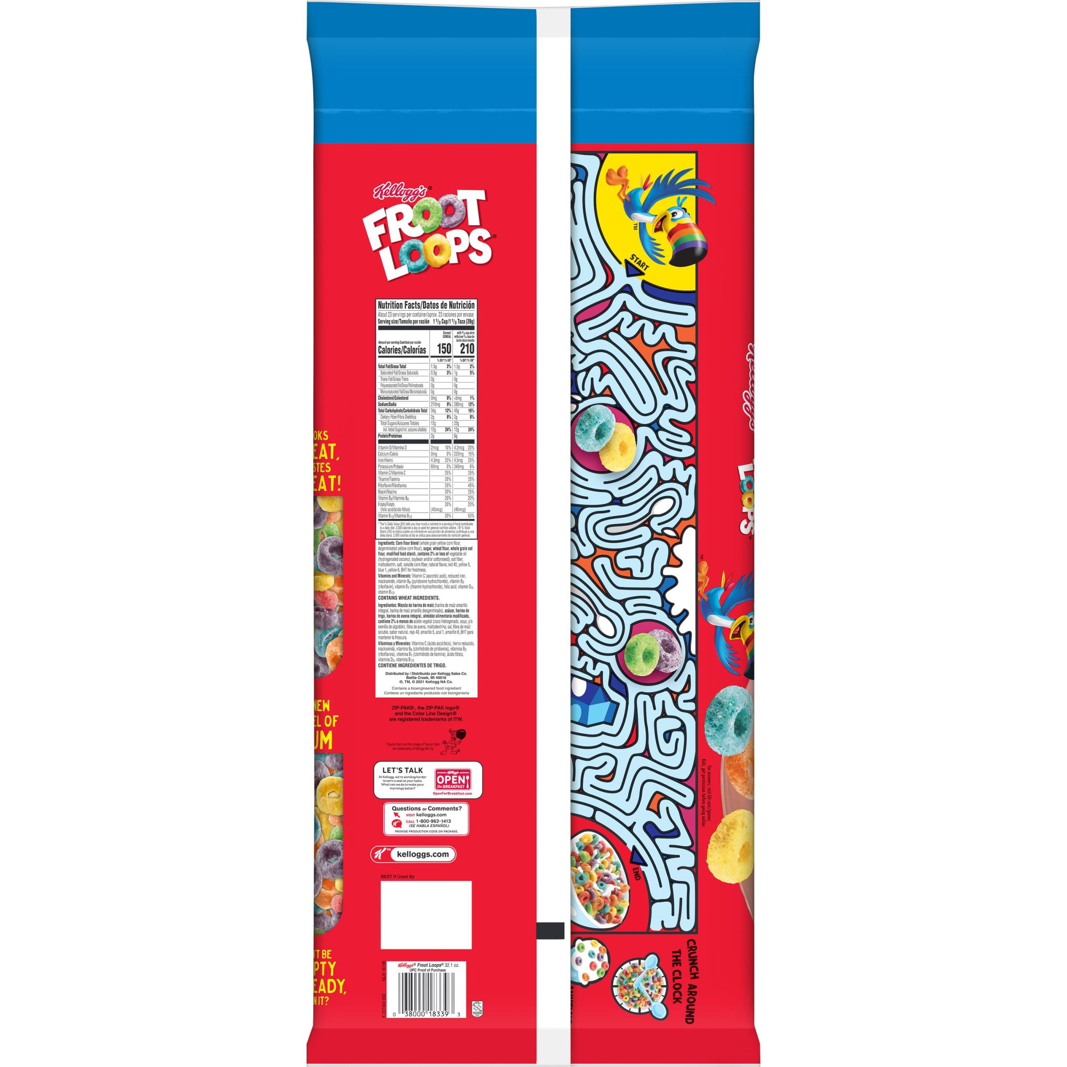 Kellogg's Froot Loops Breakfast Cereal, Fruit Flavored, Breakfast Snacks with Vitamin C, Original, 32.1oz (Pack 2)