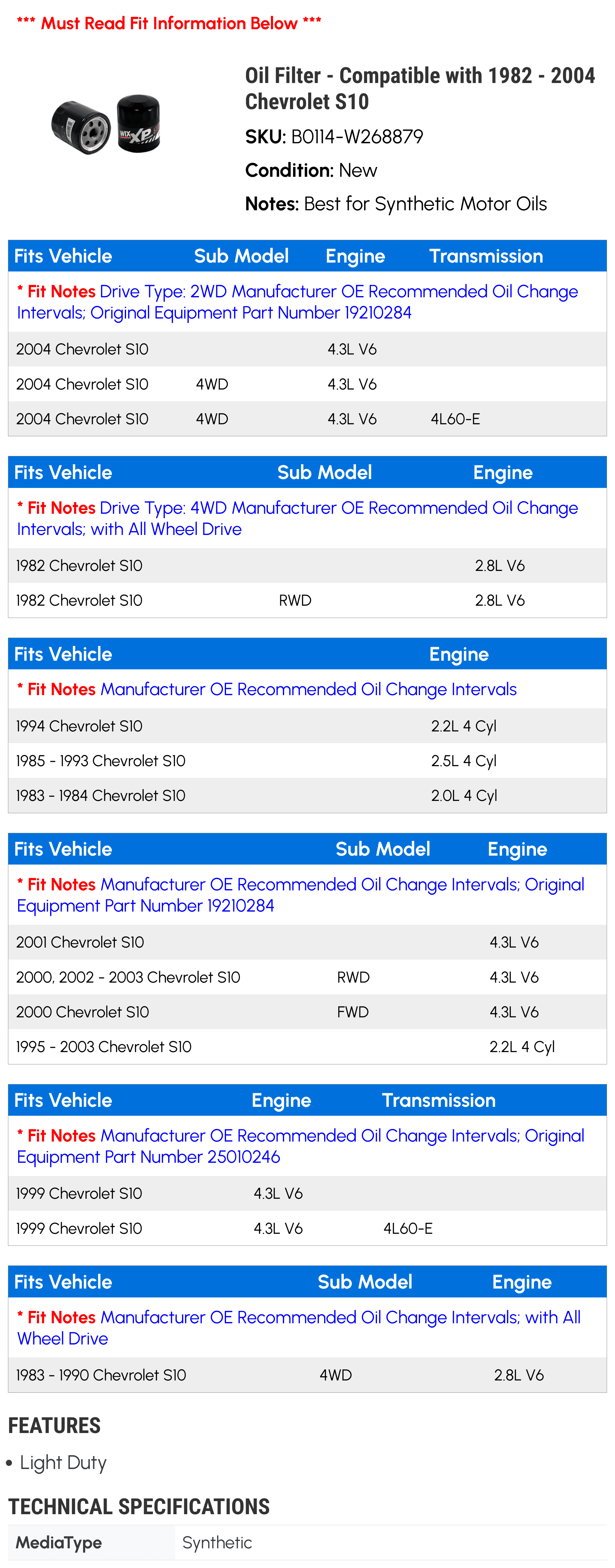 Oil Filter - Compatible with 1982 - 2004 Chevy S10 1983 1984 1985 1986 1987 1988 1989 1990 1991 1992 1993 1994 1995 1996 1997 1998 1999 2000 2001 2002 2003