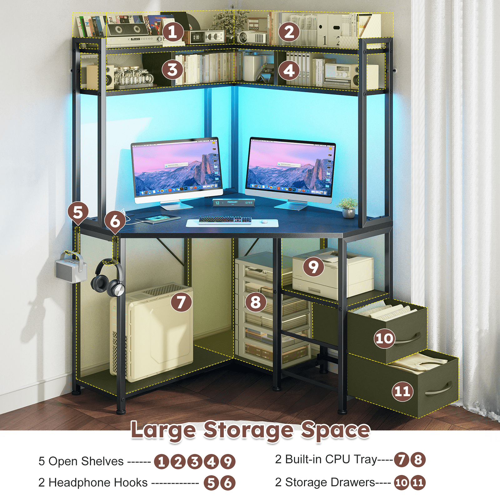 Enhomee Corner Desk with Storage & Hutch Office Desk with 2 Fabric Drawers Gaming Desk with Outlets & LED Lights Computer Desk with Shelves, Black