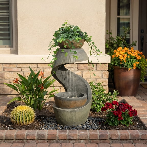 Outdoor Water Fountain Modern Curved Waterfall S-Shaped Freestanding Fountain with Bowl Planter for Patio Deck Garden Yard Home Decor