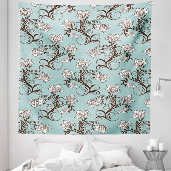 Vintage Tapestry, Royal Flower Arrangements Swirling Branches and Leaves, Fabric Wall Hanging Decor for Bedroom Living Room Dorm, 5 Sizes, Seafoam Rosewood, by Ambesonne