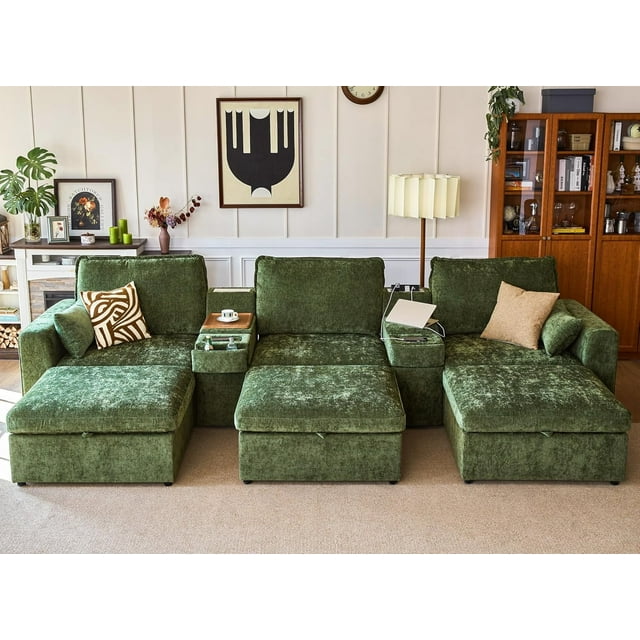 BEDEEP Canapé Sectionnel Modulaire de 152,4 Po avec Console et Station de Recharge, Canapé Nuage en Chenille en Forme de U avec Pouf de Rangement, Canapé Profond Convertible 6 Places avec Méridienne pour Salon, Vert