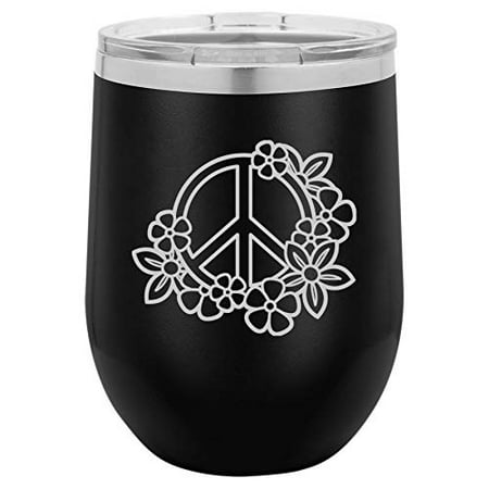 

12 oz Double Wall Vacuum Insulated Stainless Steel Stemless Wine Tumbler Glass Coffee Travel Mug With Lid Peace Sign With Flowers (Black)