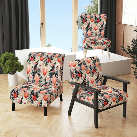 Designart "Love In The Wild Coral And Beige Flower" Coral Floral Upholstered Accent Chair - Bohemian & Eclectic Arm Chair For Living Room