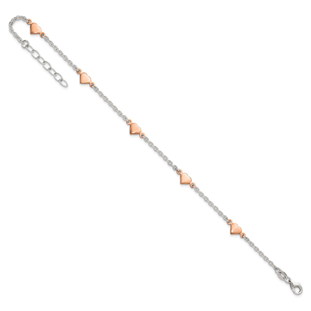 Sterling Silver with Rose-tone Polished Hearts 5-Station 9 inch with 1 inch Extension Anklet